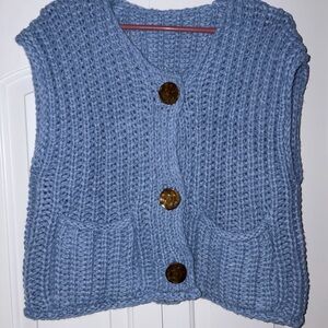 Chunky Knit Button-Front Sweater Vest - Blue
